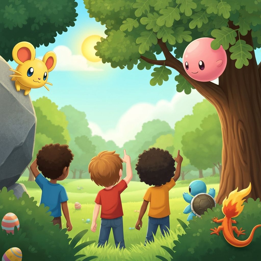 Kinderen zoeken in een park naar verstopte Pokemon die achter rotsen, bomen en struiken gluren